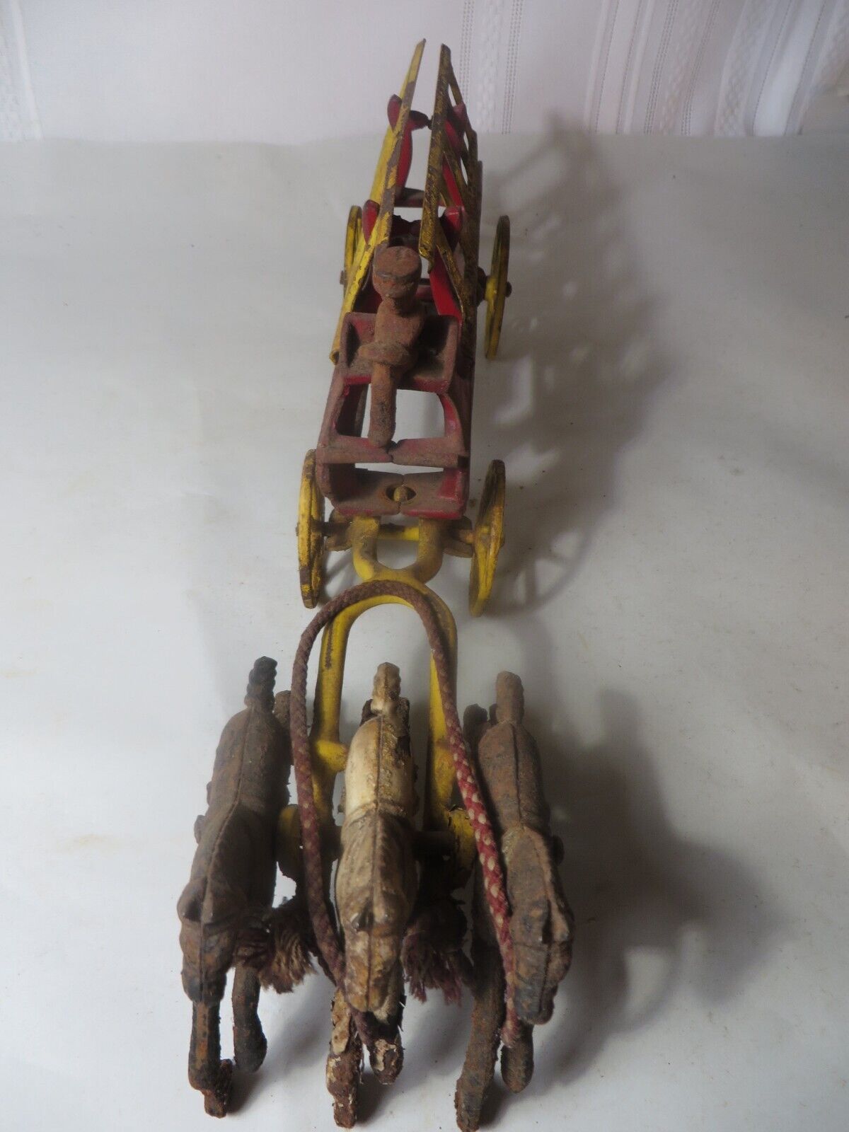 LATE 1800'S CAST IRON FIRE LADDER HORSE DRAWN WAGON TOY 12" LONG