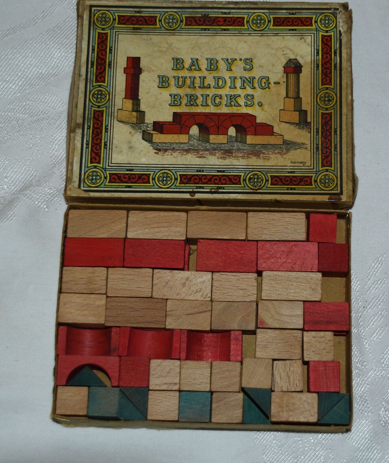 Early 1900s Antique German Wooden Baby’s Building Blocks Toy Set w/Original Box