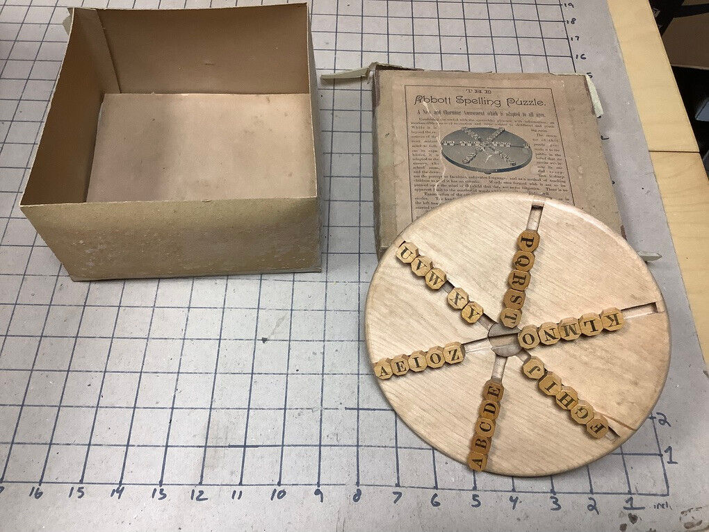 Vintage Original ABBOTT SPELLING PUZZLE in box, very clean WOW 1800's RARE