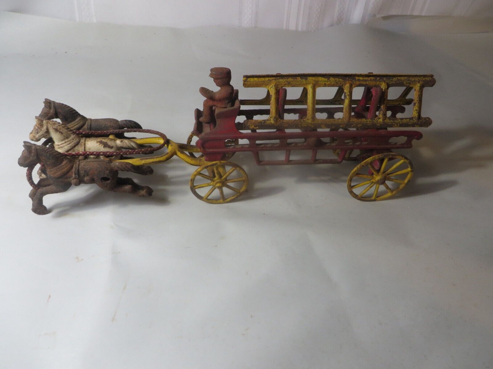 LATE 1800'S CAST IRON FIRE LADDER HORSE DRAWN WAGON TOY 12" LONG
