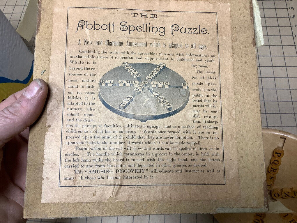 Vintage Original ABBOTT SPELLING PUZZLE in box, very clean WOW 1800's RARE