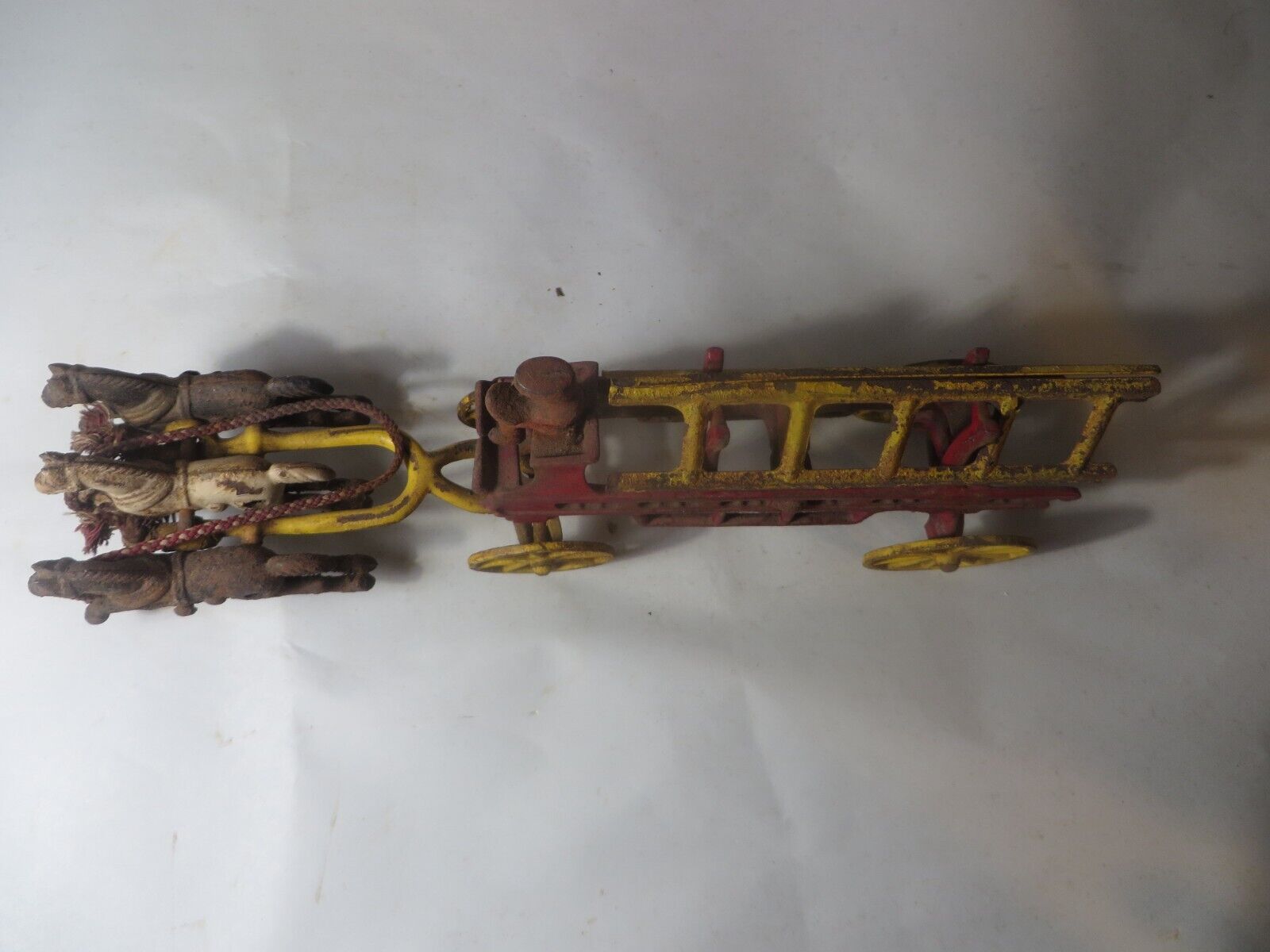 LATE 1800'S CAST IRON FIRE LADDER HORSE DRAWN WAGON TOY 12" LONG