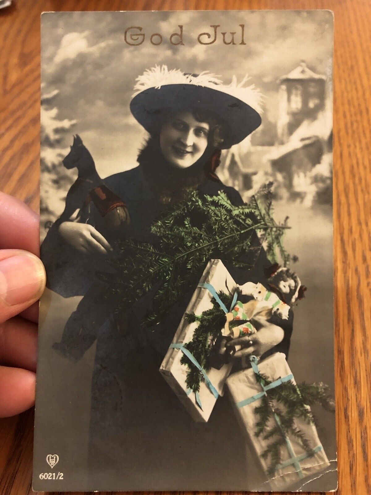 Early 1900s RPPC God Jul Woman In Fancy Hat With Toy Horse, Doll, Gifts, Painted