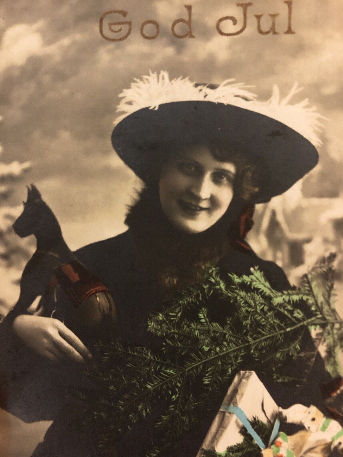 Early 1900s RPPC God Jul Woman In Fancy Hat With Toy Horse, Doll, Gifts, Painted