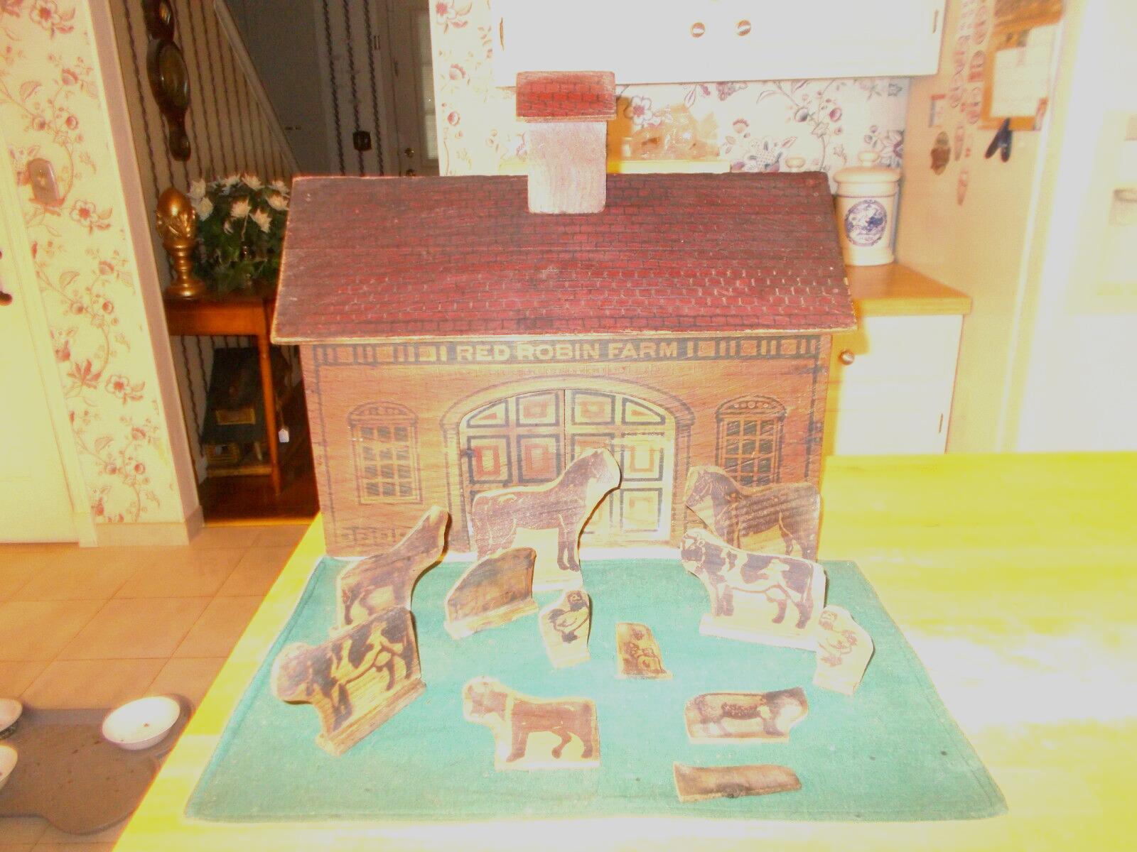 LATE 1800S EARLY 1900S CONVERSE RED ROBIN FARM SET WITH ANIMALS AND STEEPLE