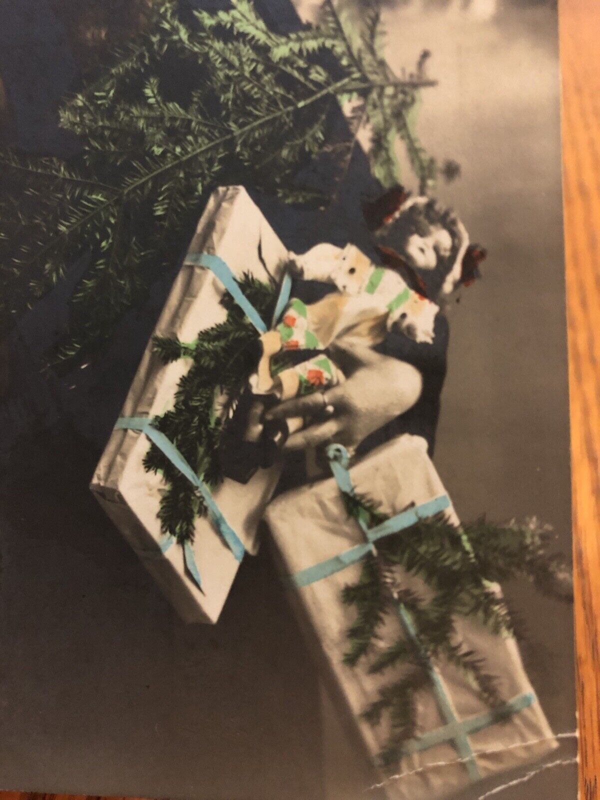 Early 1900s RPPC God Jul Woman In Fancy Hat With Toy Horse, Doll, Gifts, Painted
