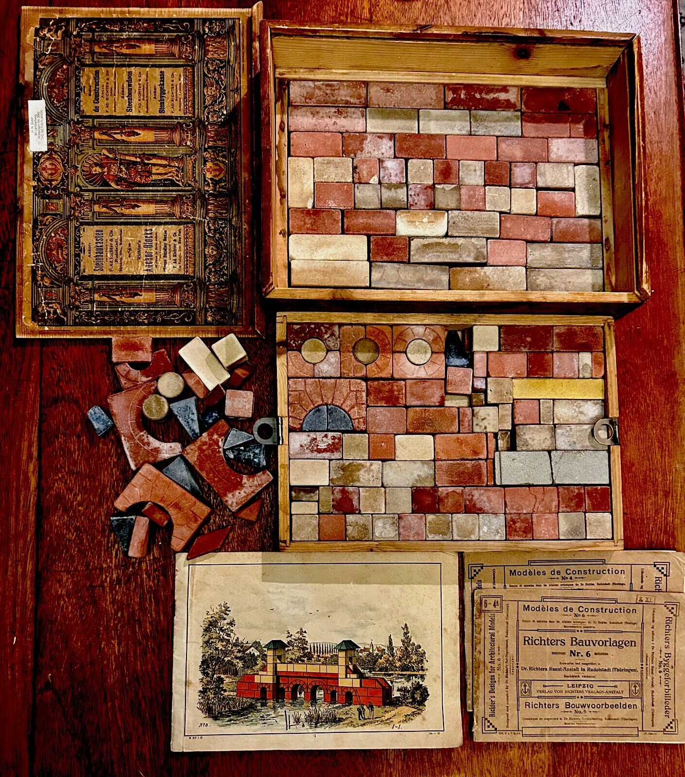 Antique 1800s German Richters Anchor Box Stone Building Set W Original Pamphlet