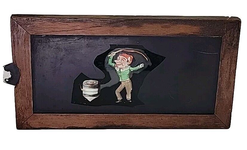 Antique Hand Painted Slipping Magic Lantern Slide Boy Spinning Top Toy Mid 1800s