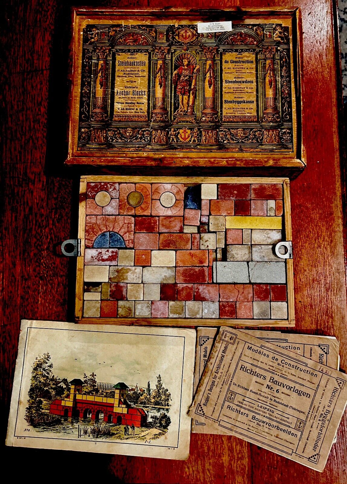 Antique 1800s German Richters Anchor Box Stone Building Set W Original Pamphlet