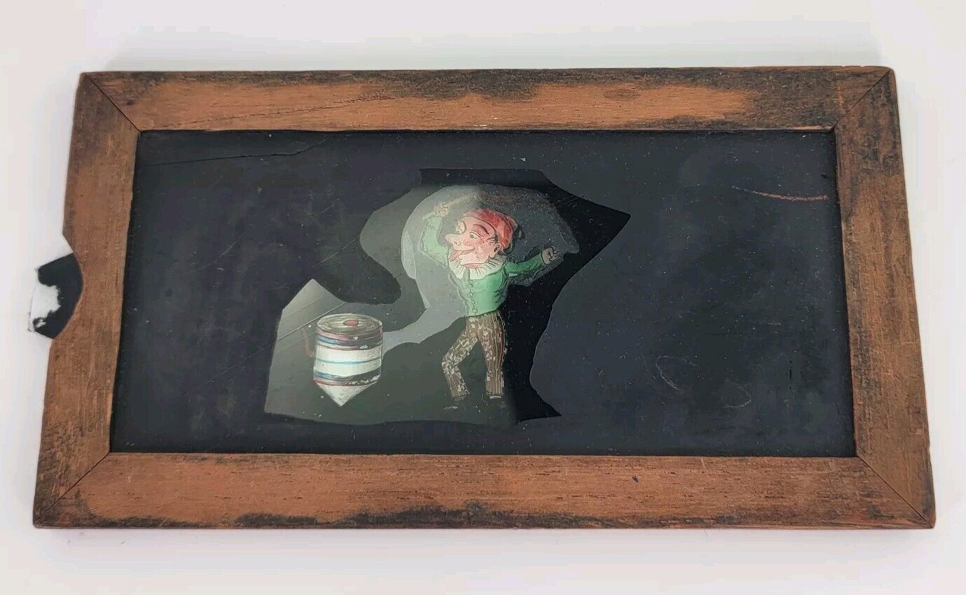 Antique Hand Painted Slipping Magic Lantern Slide Boy Spinning Top Toy Mid 1800s