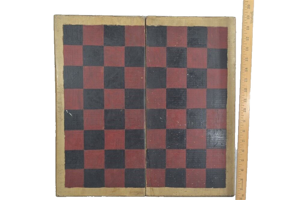 19th c antique game board checkers chess painted 19x19 black red white folding