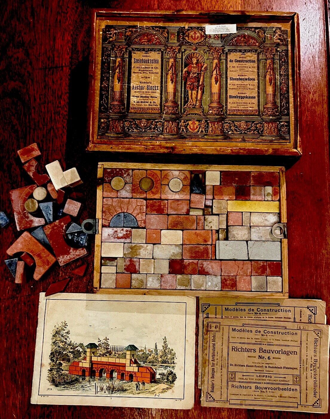 Antique 1800s German Richters Anchor Box Stone Building Set W Original Pamphlet