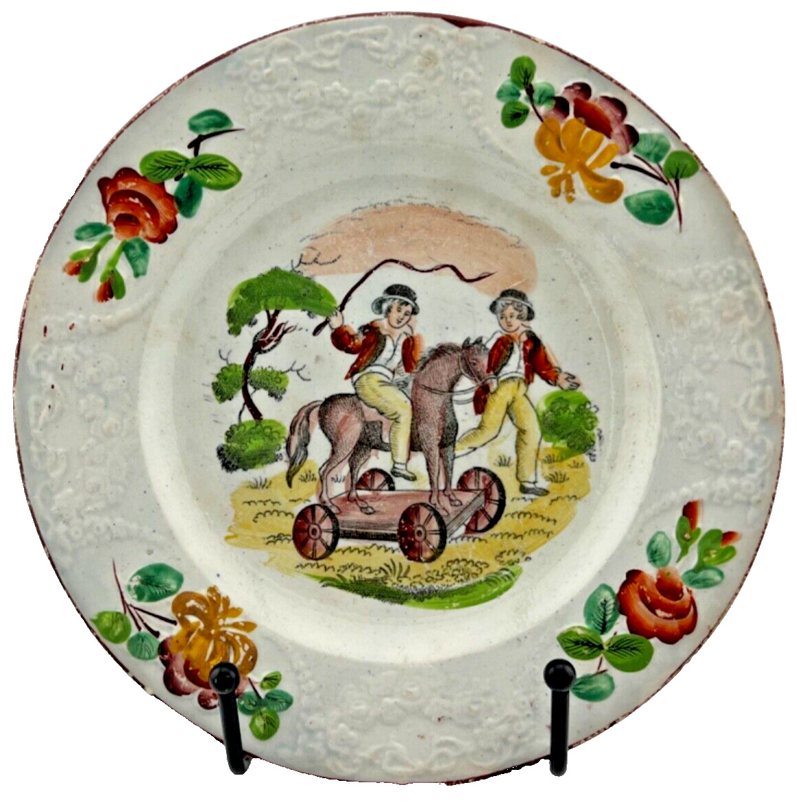 Antique Child's Plate - Boys Riding Toy Horse early to mid 1800s 6 7/8"