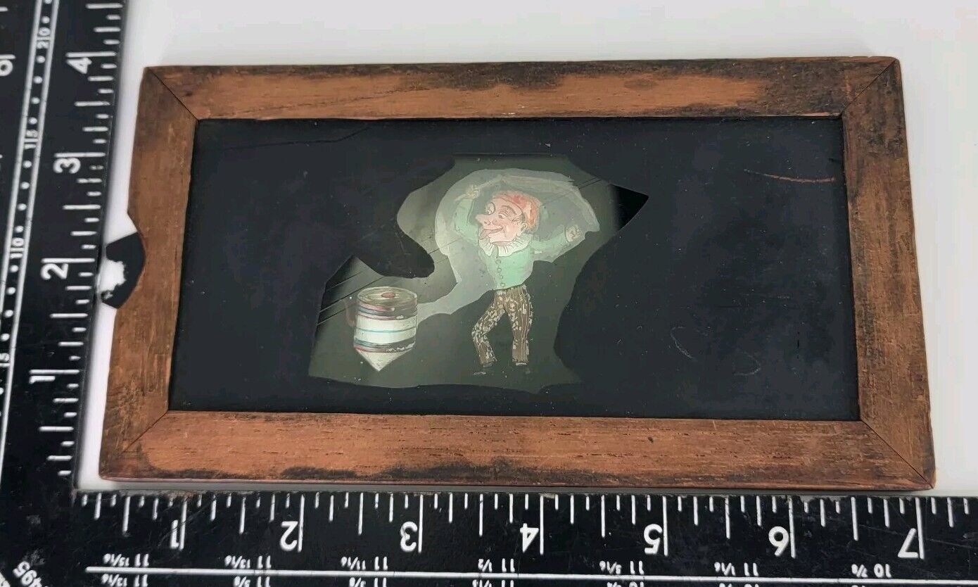 Antique Hand Painted Slipping Magic Lantern Slide Boy Spinning Top Toy Mid 1800s