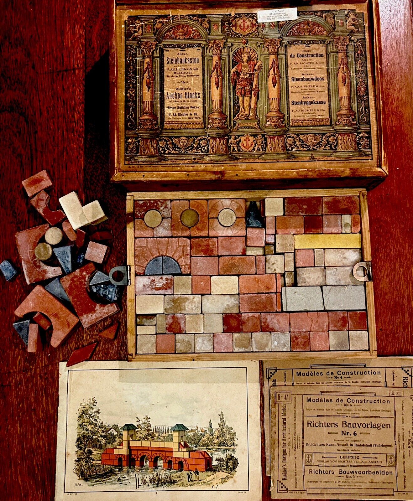 Antique 1800s German Richters Anchor Box Stone Building Set W Original Pamphlet