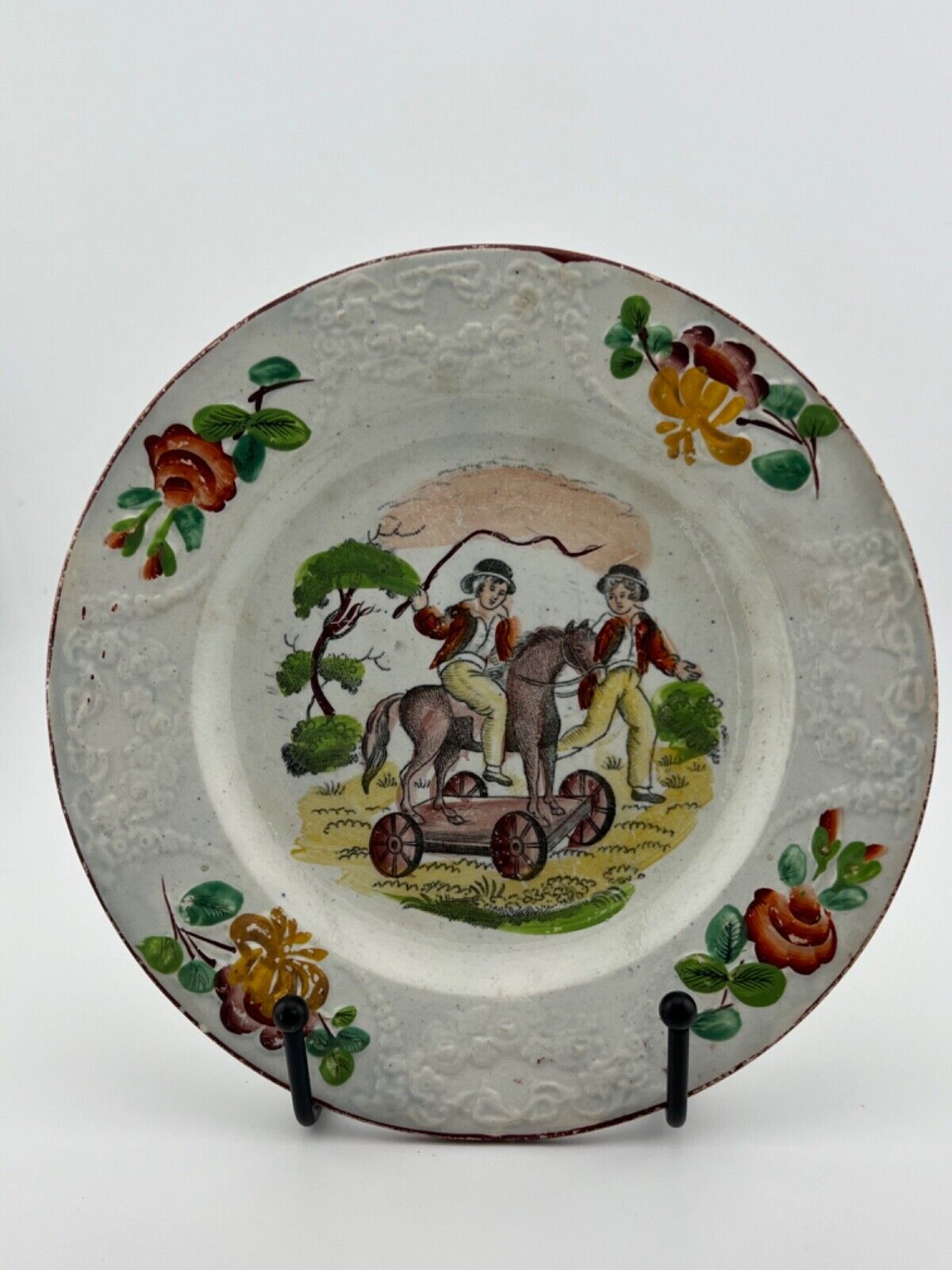 Antique Child's Plate - Boys Riding Toy Horse early to mid 1800s 6 7/8"