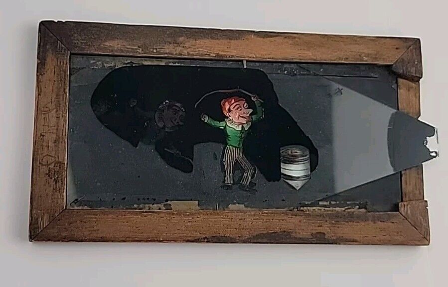 Antique Hand Painted Slipping Magic Lantern Slide Boy Spinning Top Toy Mid 1800s
