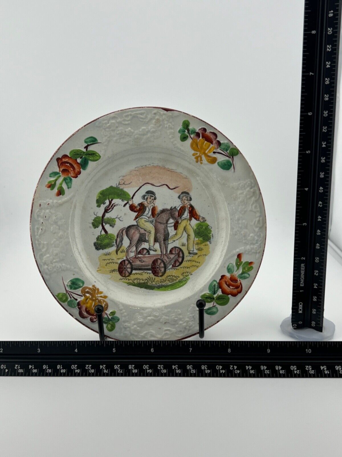 Antique Child's Plate - Boys Riding Toy Horse early to mid 1800s 6 7/8"