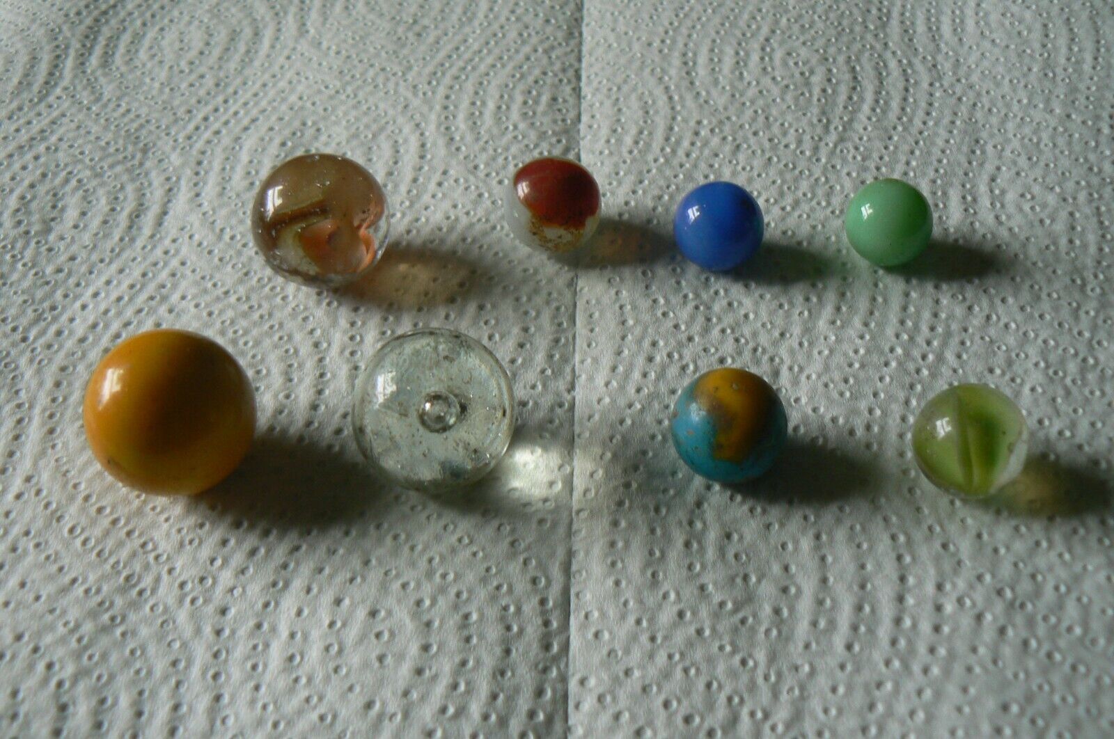 8 DUGUP 1800s TO 1900s TOY MARBLE ONE 1 '' YELLOW TWO .75" TWO CAT EYES & 3 MORE