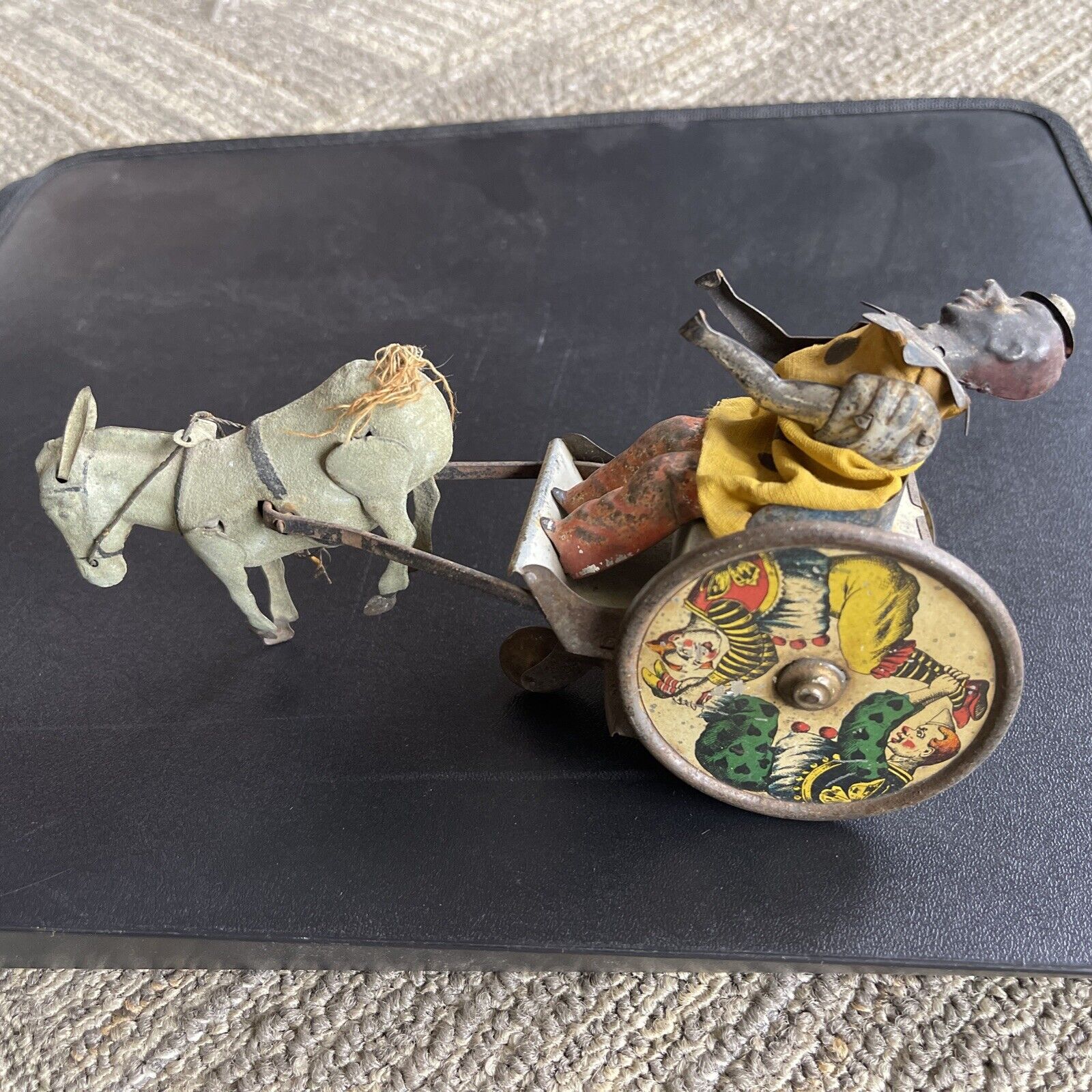 ANTIQUE 1800s MADE IN GERMANY horse drawn RICKSHAW TIN WIND UP TOY