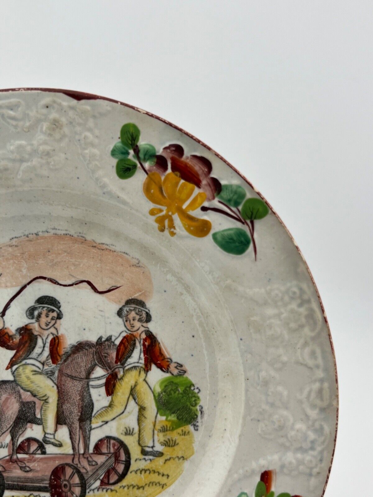 Antique Child's Plate - Boys Riding Toy Horse early to mid 1800s 6 7/8"