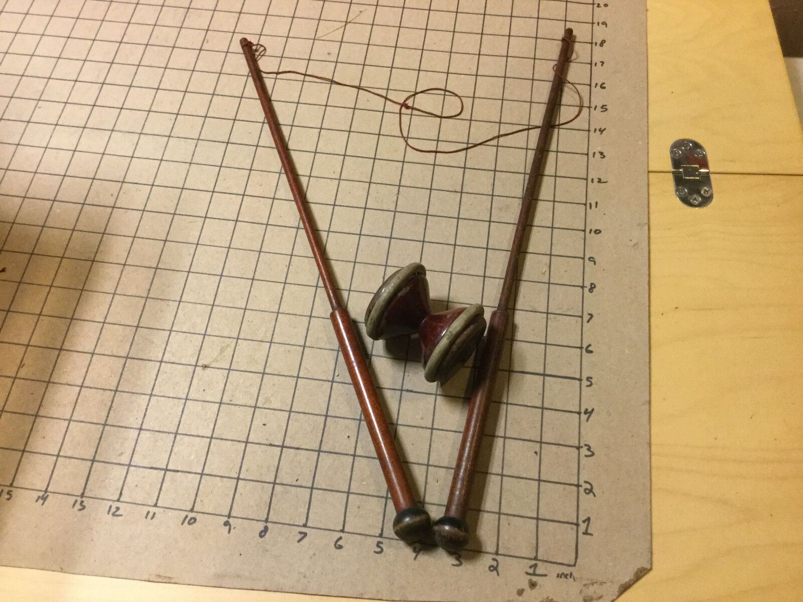 Original 1800's Wooden DIABOLO - very rare -- DEVIL STICKS - w sticks and bobbin