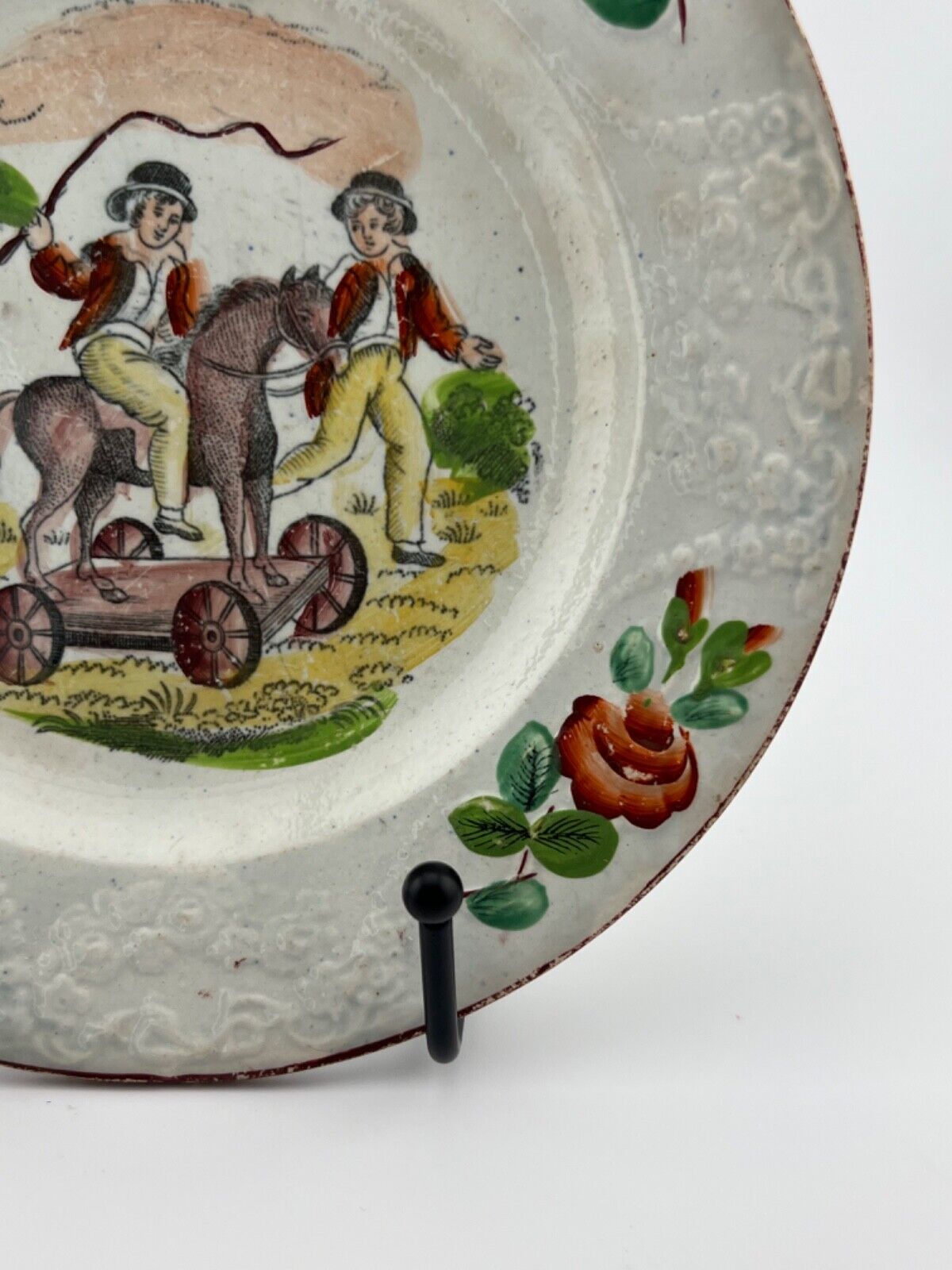 Antique Child's Plate - Boys Riding Toy Horse early to mid 1800s 6 7/8"