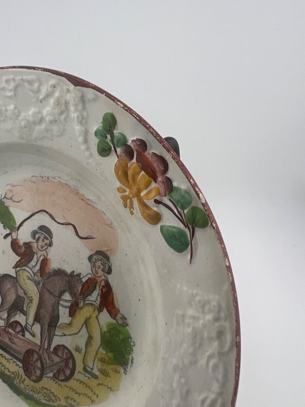 Antique Child's Plate - Boys Riding Toy Horse early to mid 1800s 6 7/8"