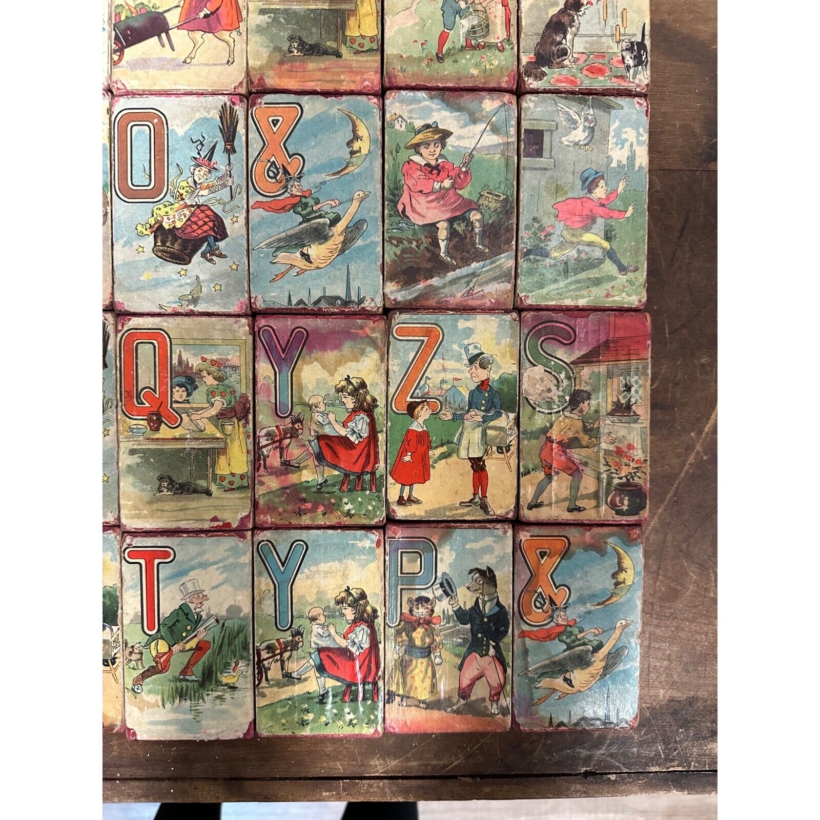 RARE Antique 1800s Victorian Alphabet Child's Wooden Blocks Nursery Rhymes