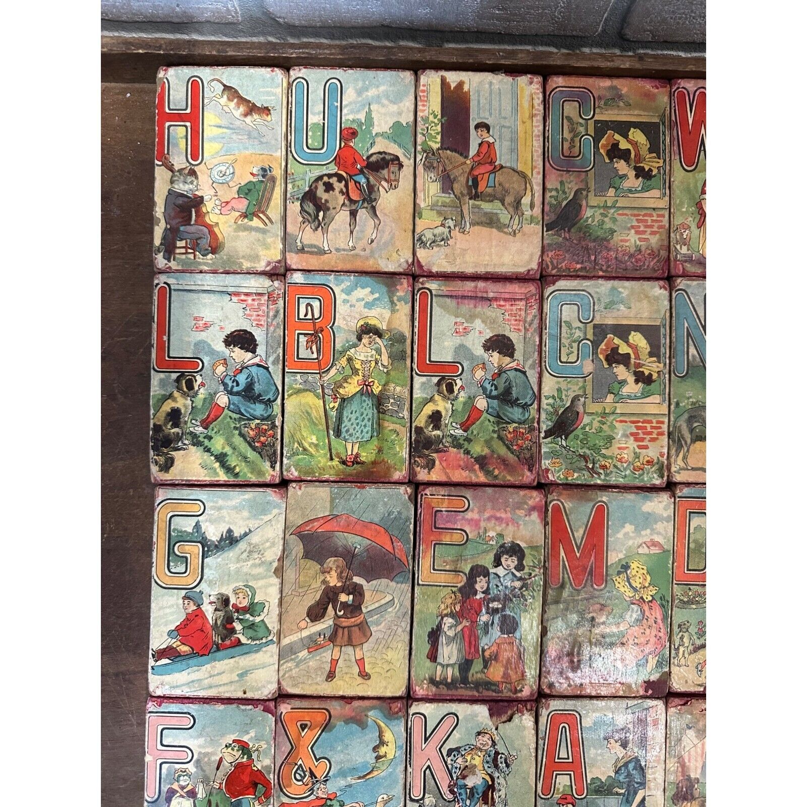 RARE Antique 1800s Victorian Alphabet Child's Wooden Blocks Nursery Rhymes