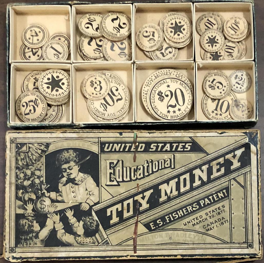 LATE 1800s E.S FISHER MILTON BRADLEY EDUCATIONAL TOY MONEY BOX MONOPOLY GAME
