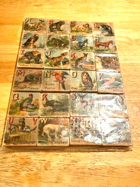 LATE 1800S EARLY 1900S COMPLETE SET OF WOODEN PICTURE BLOCKS WITH ANIMALS ALPHA