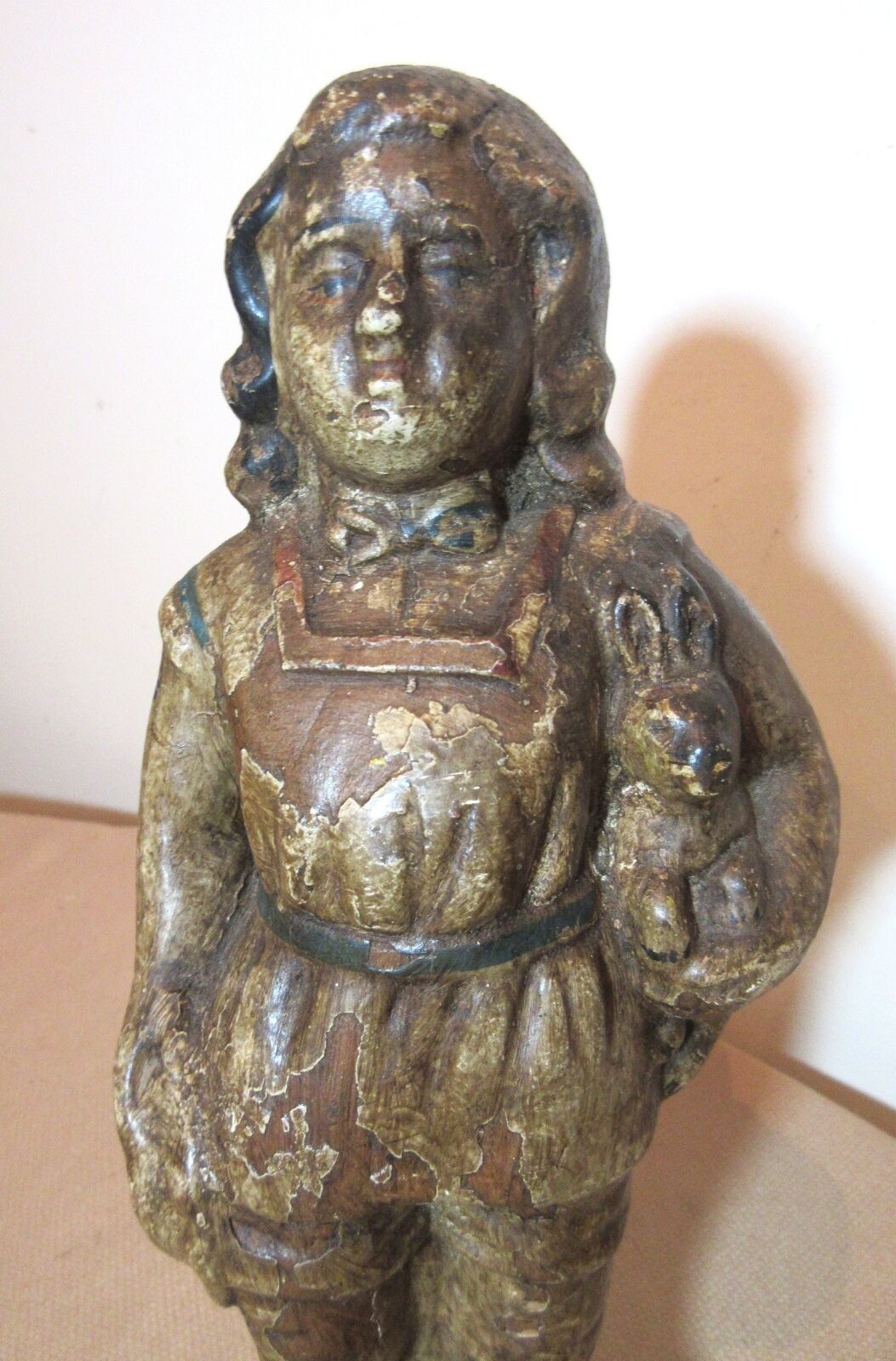 rare antique 1800s handmade polychromed terrcotta sculpture girl statue doll toy