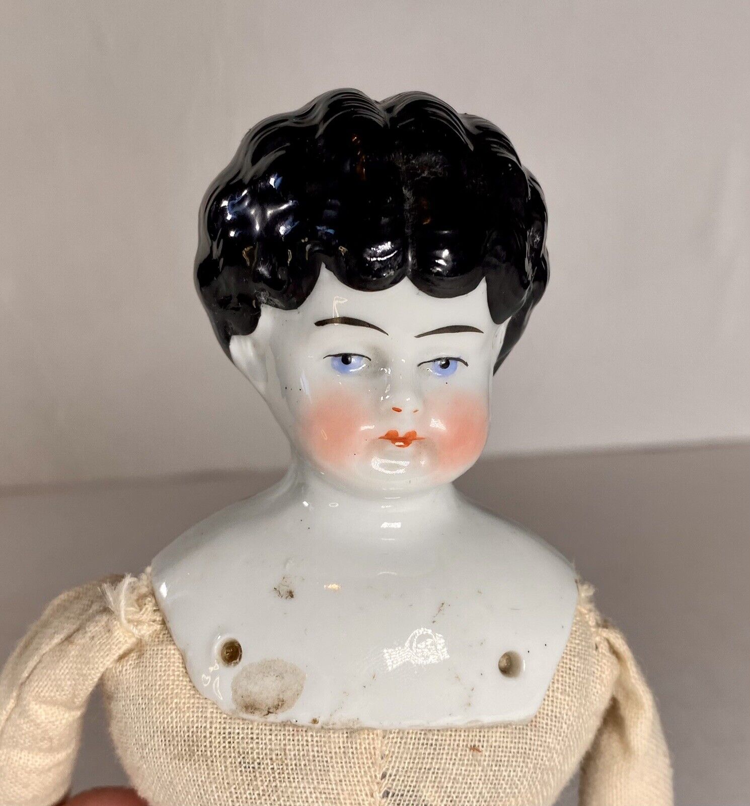 Antique Doll Made In Germany Cloth Body Porcelain Limbs Head 1900s