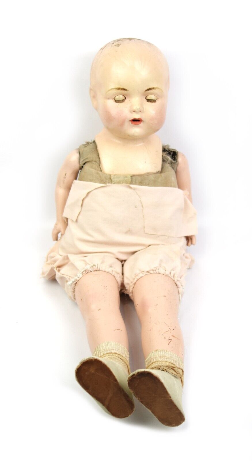Antique Early Circa 1900’s Composition Material Doll 28" Tall Cries Eyes Close