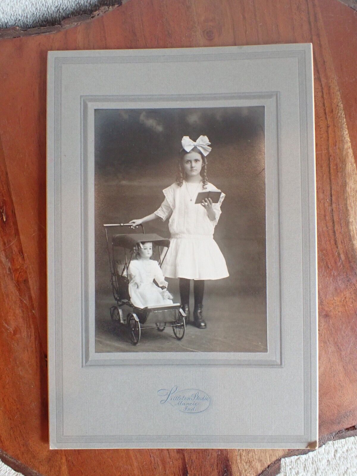 Antique 1900's Card Photograph Girl w/ Her Bisque Head Doll in Buggy Muncie IN