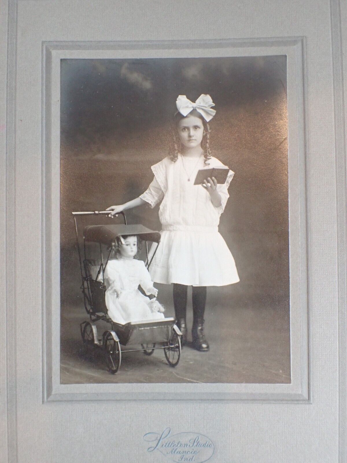 Antique 1900's Card Photograph Girl w/ Her Bisque Head Doll in Buggy Muncie IN