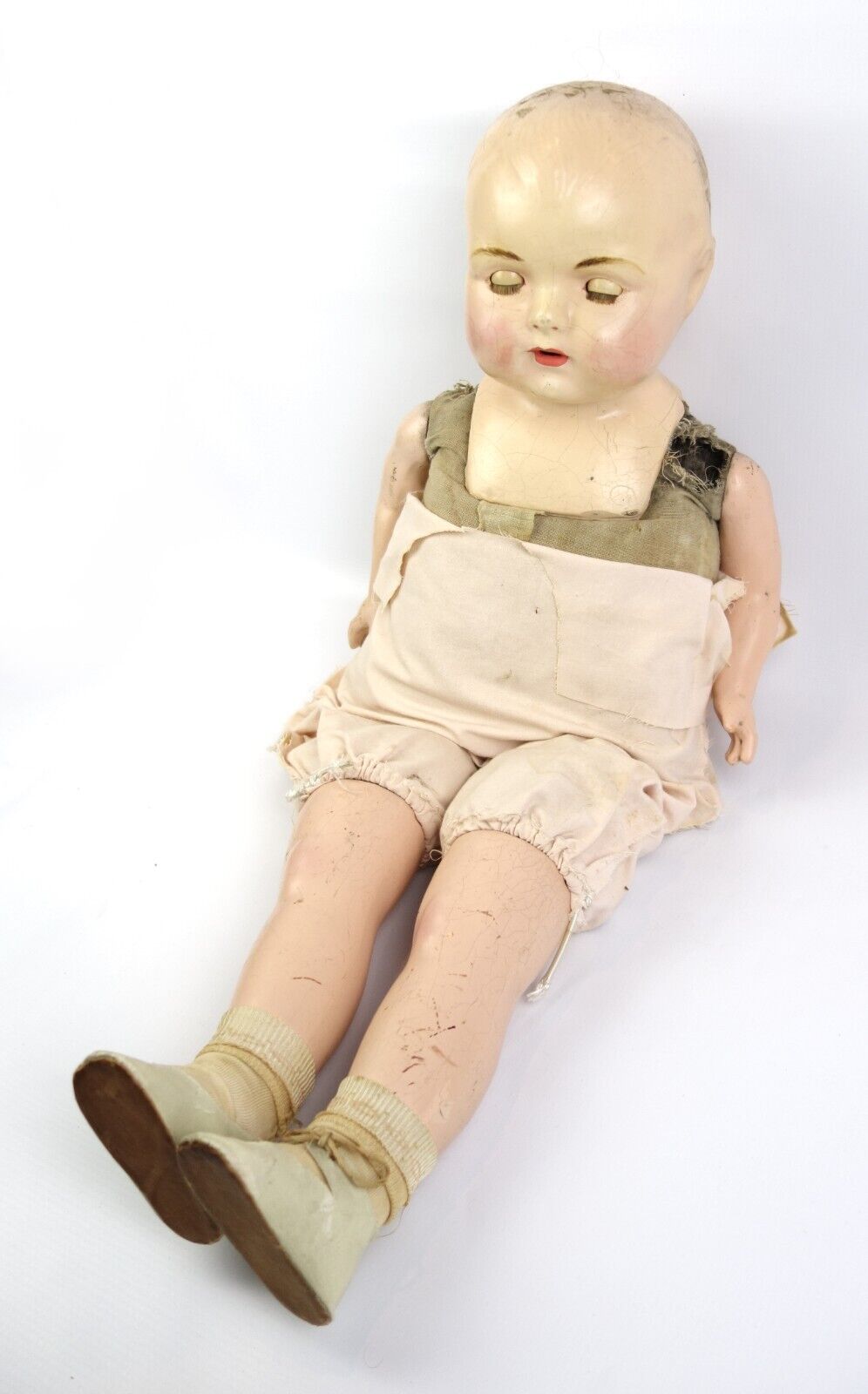 Antique Early Circa 1900’s Composition Material Doll 28" Tall Cries Eyes Close