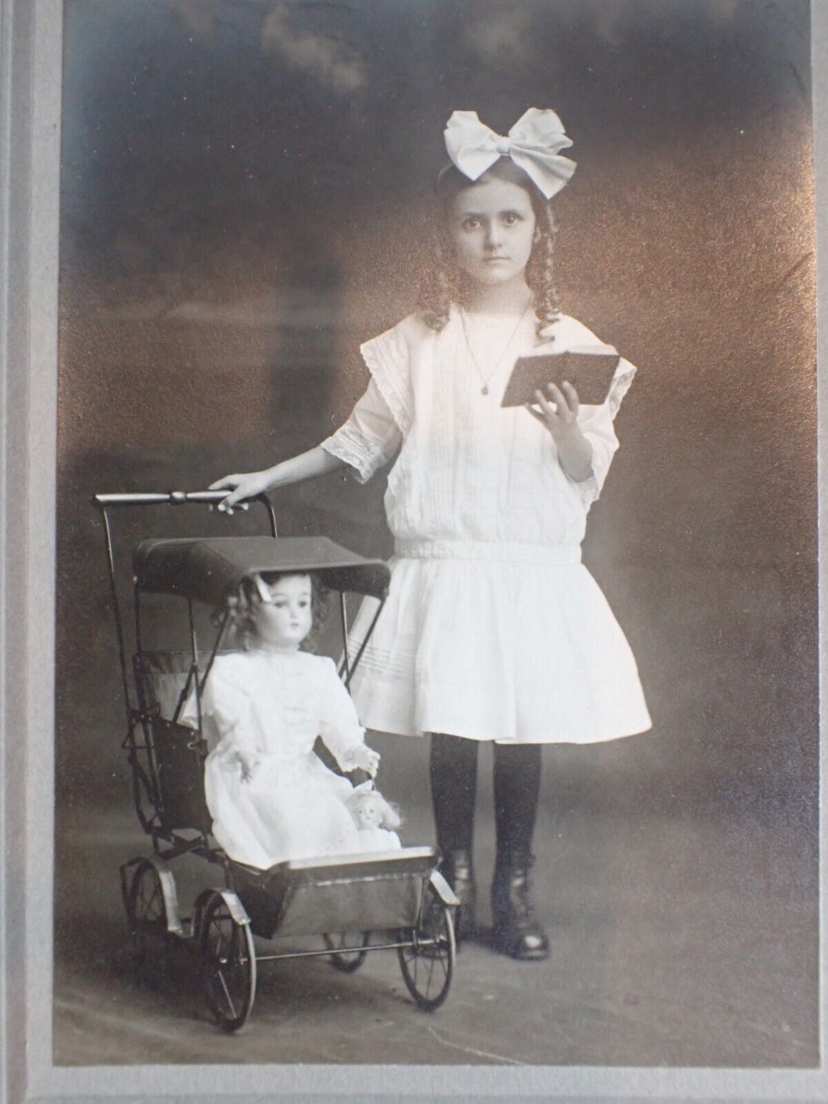 Antique 1900's Card Photograph Girl w/ Her Bisque Head Doll in Buggy Muncie IN