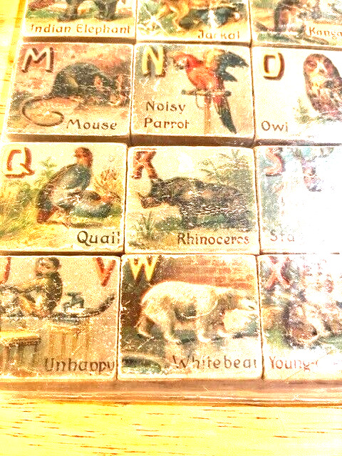 LATE 1800S EARLY 1900S COMPLETE SET OF WOODEN PICTURE BLOCKS WITH ANIMALS  ALPHA