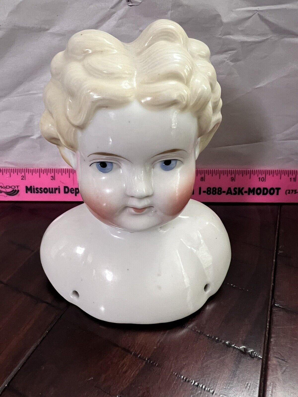 Antique Porcelain German Made China Doll Head Black Hair 3” 1890s-1900 Blue Eyes