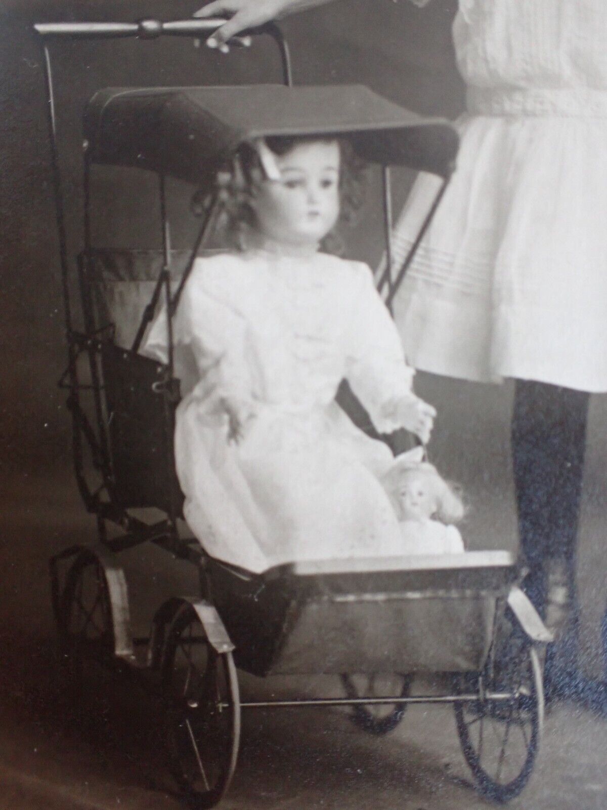 Antique 1900's Card Photograph Girl w/ Her Bisque Head Doll in Buggy Muncie IN