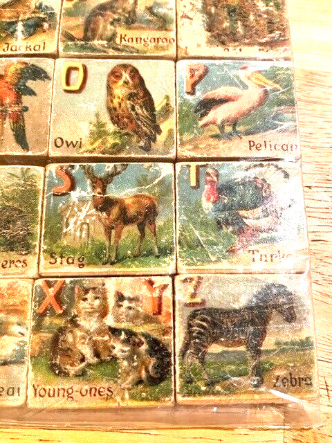 LATE 1800S EARLY 1900S COMPLETE SET OF WOODEN PICTURE BLOCKS WITH ANIMALS  ALPHA