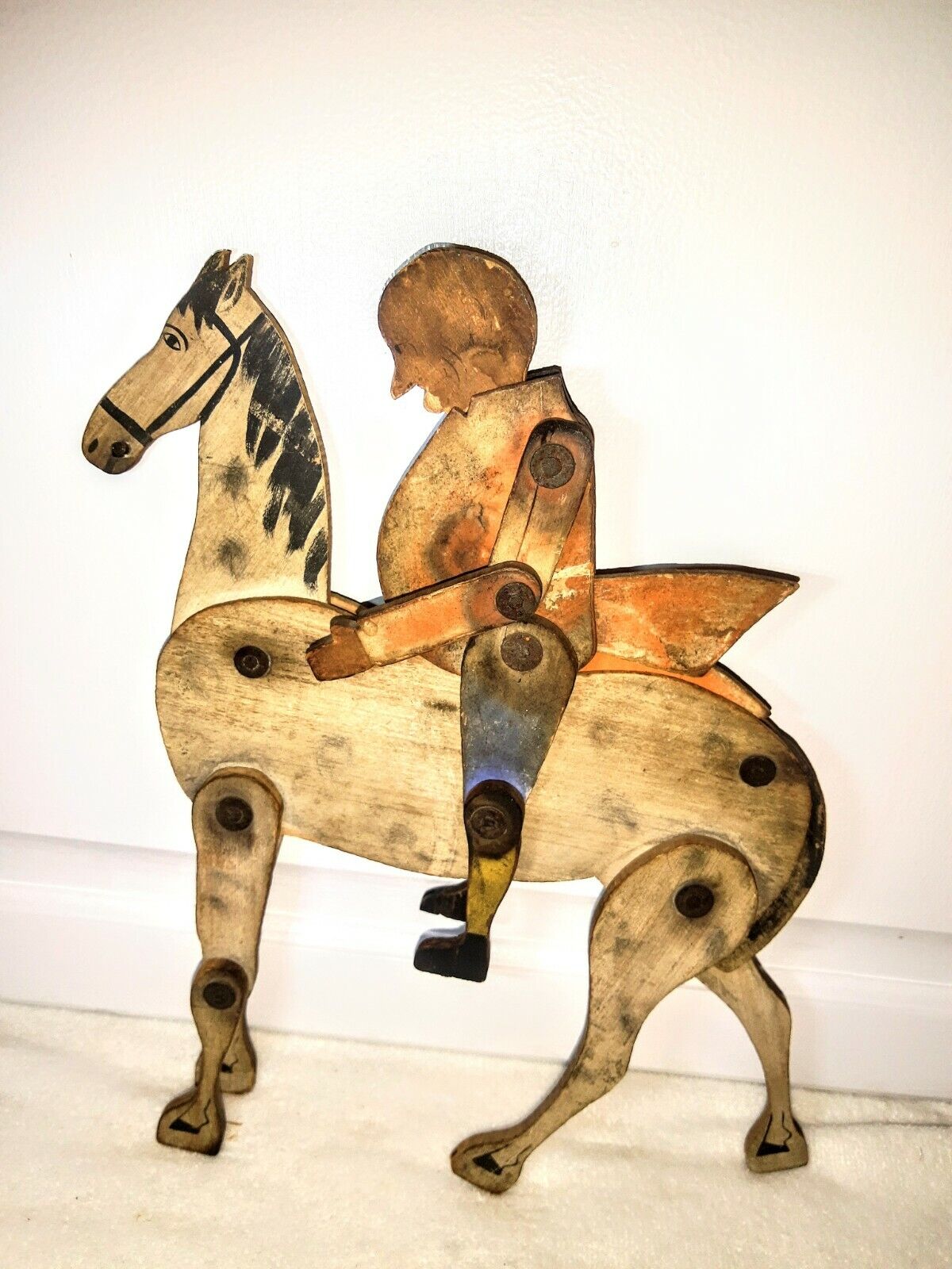 ANTIQUE WOODEN HANDMADE TOY HAND DRAWN, JOINTED 1700'S, PRIMITIVE MAN & HORSE