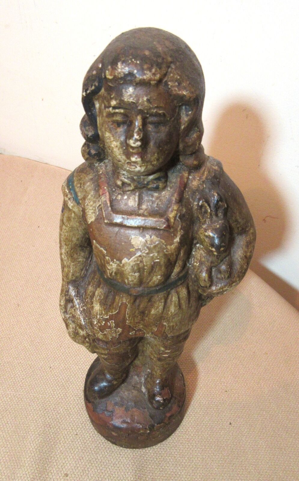 rare antique 1800s handmade polychromed terrcotta sculpture girl statue doll toy