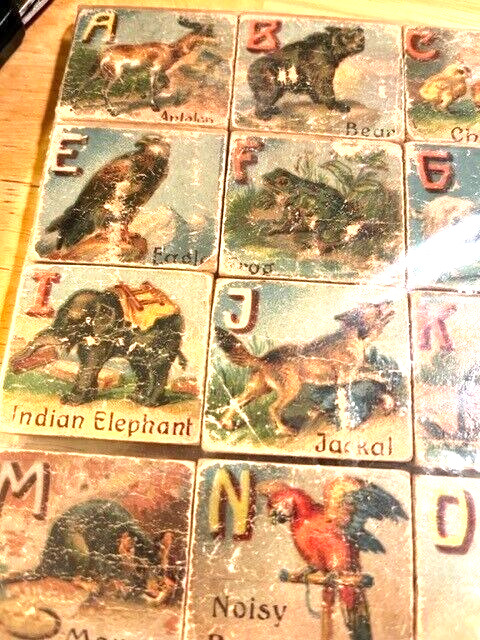 LATE 1800S EARLY 1900S COMPLETE SET OF WOODEN PICTURE BLOCKS WITH ANIMALS  ALPHA