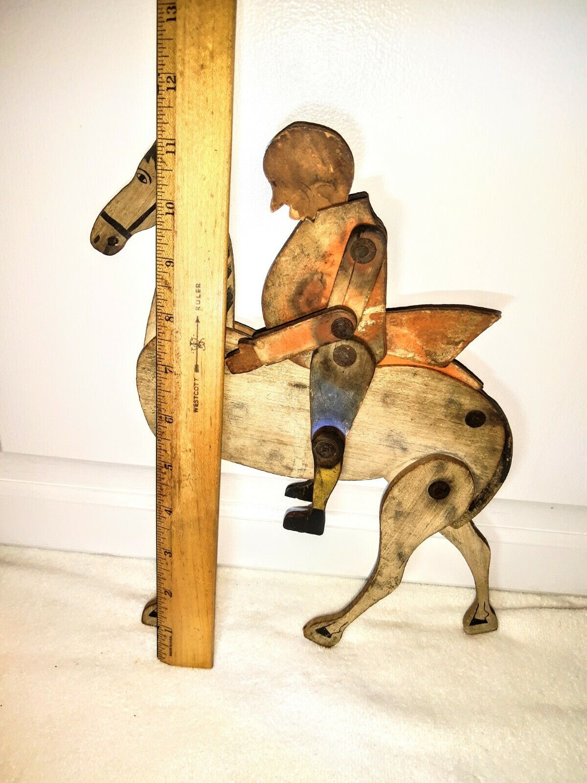 ANTIQUE WOODEN HANDMADE TOY HAND DRAWN, JOINTED 1700'S,   PRIMITIVE MAN & HORSE