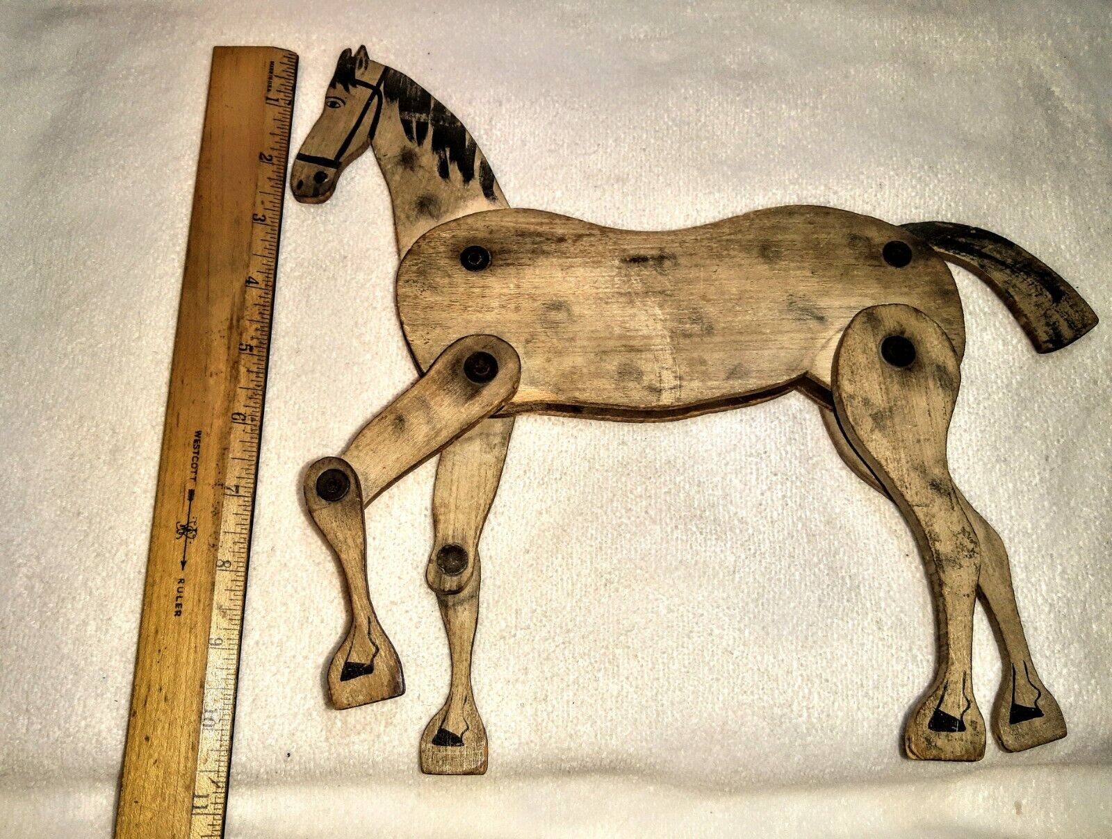 ANTIQUE WOODEN HANDMADE TOY HAND DRAWN, JOINTED 1700'S,   PRIMITIVE MAN & HORSE