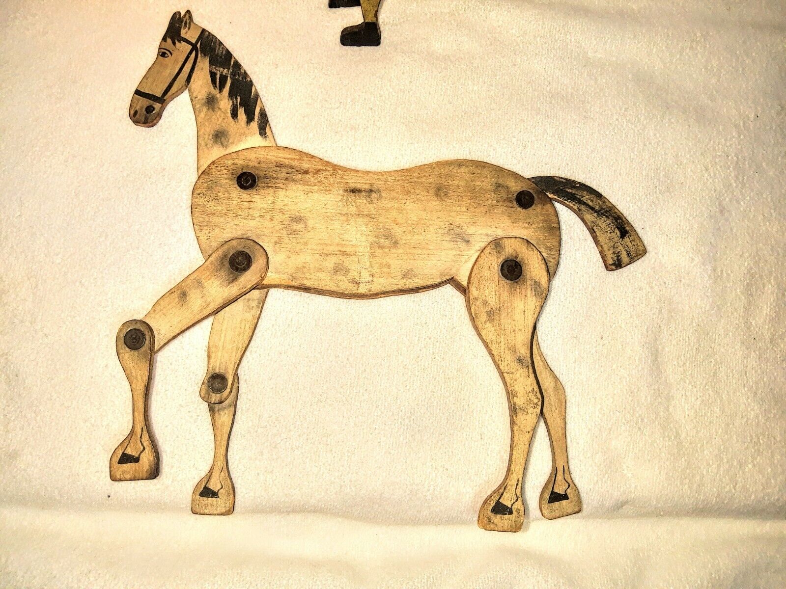 ANTIQUE WOODEN HANDMADE TOY HAND DRAWN, JOINTED 1700'S,   PRIMITIVE MAN & HORSE