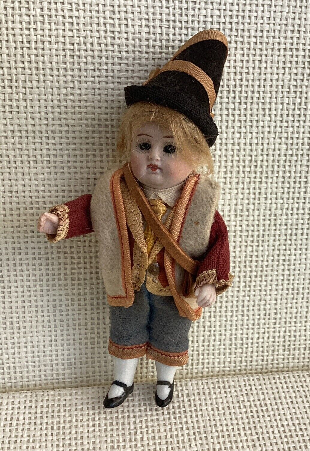 GERMAN ANTIQUE ALL BISQUE BOY DOLL 5” TALL GLASS EYES ALL ORIGINAL CLOTHING
